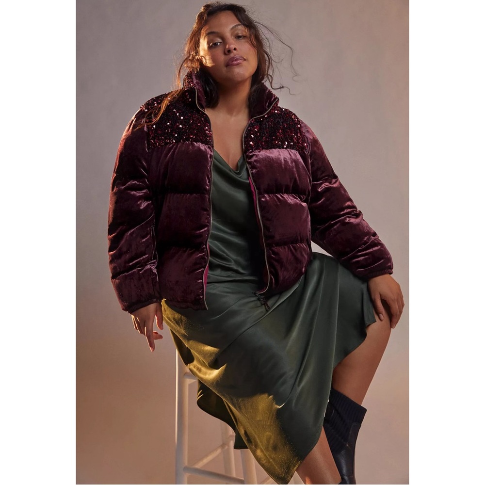 Anthropologie Vera Sequined Velvet Puffer Jacket NWT Sz XL & XS - Picture 5 of 14